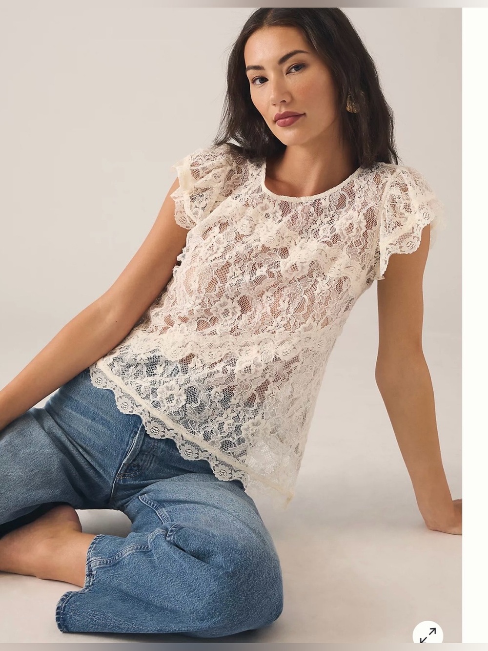 Anthropology white/off white Lace Flutter Sleeve Top - size M